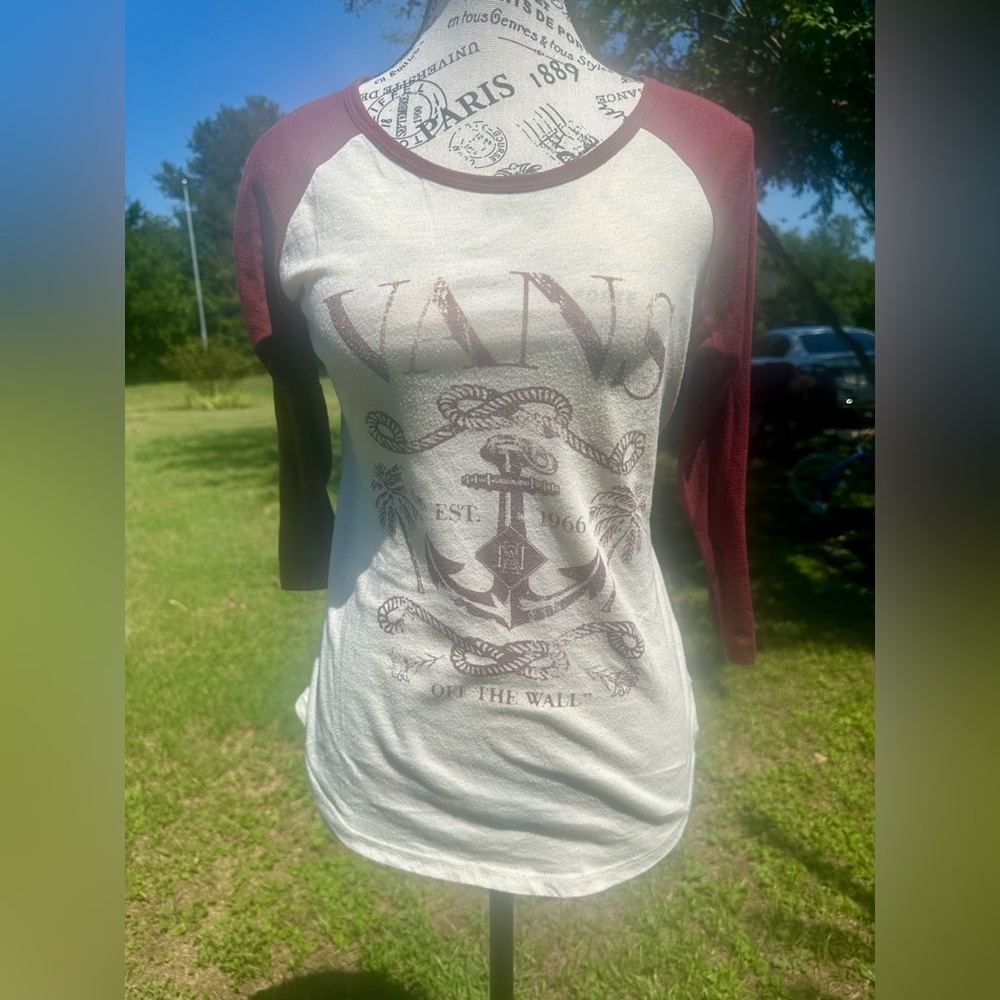 Vans Women's Maroon and Cream Anchor Raglan Tee
